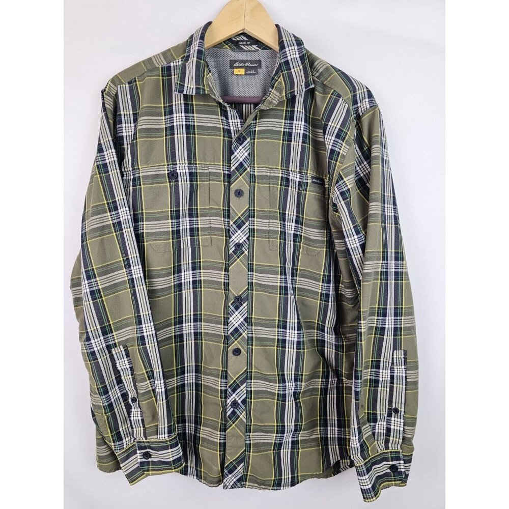 Eddie Bauer Mens Shirt Size Medium Green Plaid Classic Fit Nylon Long Sleeve Top
